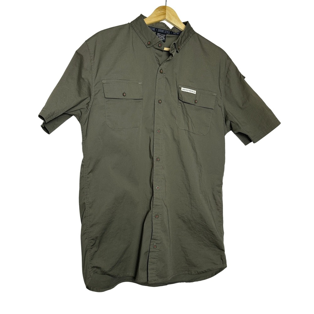 Grunt Style Mens M Olive Green Short Sleeve Button Up Shirt‎ Flag Patch Military